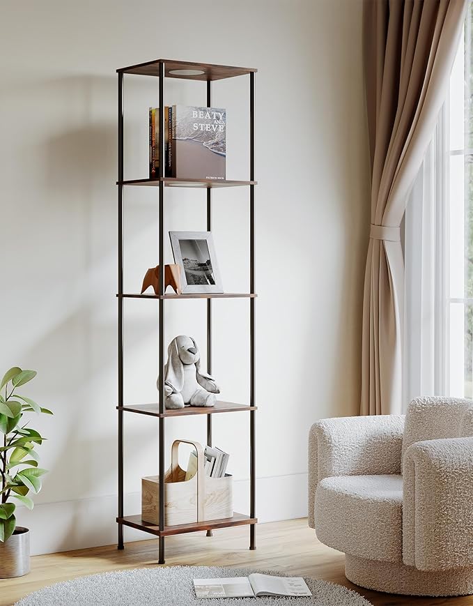 Display Shelf with RGBW Light, Color Changing Curio Cabinet Floor Lamp with Shelves Corner Standing Column Lamp Etagere Organizer Tower Nightstand Bookcase for Living Room Bedroom Office Décor, Brown