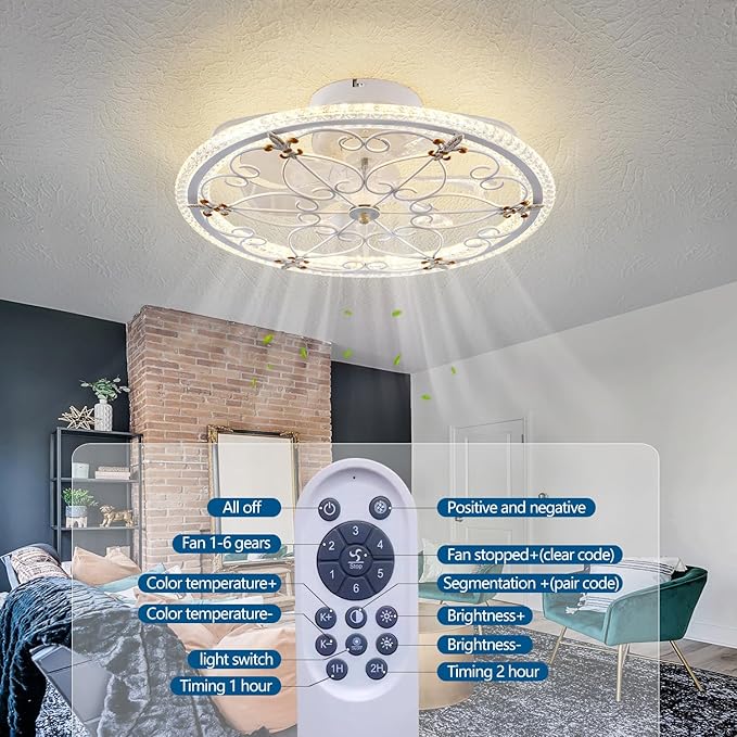 White Caged Ceiling Fan with Lights Remote Control, Farmhouse Industrial Ceiling Fan with Light for Kitchen Bedroom Living Room