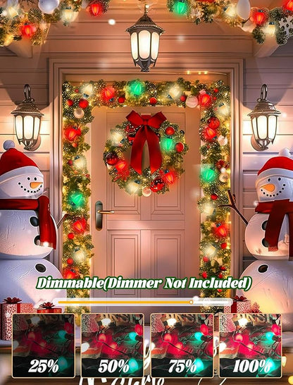 C9 LED Christmas Lights Outdoor 25Ft Outdoor Christmas Decorations String Lights Waterproof with 26 C9 LED Red White and Green Bulbs, Hanging Vintage Christmas Light for Garden Party Pathway Roofline