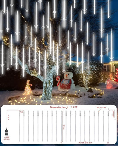 EAGWELL Christmas Lights Outdoor 16 Inch 20 Tubes Meteor Shower Rain Light, Waterproof Falling Icicle String Lighting for Xmas Tree Yard House Decor,Shine White