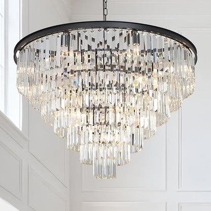 Black Crystal Chandelier Modern Large Dining Room Chandelier 17 Lights 7-Tier Luxury Round Top K9 Ceiling Pendant Light Fixture for High Ceiling Living Room Foyer Staircase