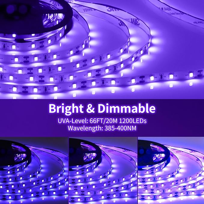 Dimmable Black Light Strip Kit 66ft/20M 1200 LEDs, 12V Flexible Blacklight Fixtures, 385nm-400nm, Black Light LED Strip for Glow Party Fluorescent Poster Halloween Indoor Bedroom Decor, Non-Waterproof