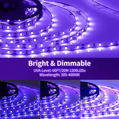 Dimmable Black Light Strip Kit 66ft/20M 1200 LEDs, 12V Flexible Blacklight Fixtures, 385nm-400nm, Black Light LED Strip for Glow Party Fluorescent Poster Halloween Indoor Bedroom Decor, Non-Waterproof