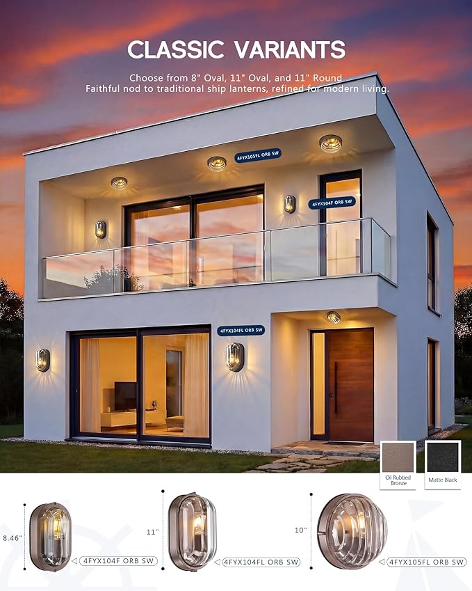FEMILA 11" Oval Bulkhead Exterior Wall Sconce, 2 Pack ORB Wall Light & Ceiling Flush Mount, Aluminum, Ripple Glass, Front Porch Light for Patio/Garage/Entry, 4FYX104FL-2 ORB SW