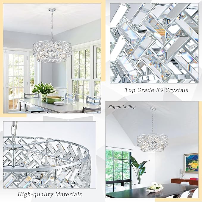 CATINER Chrome Crystal Chandelier, 8-Light Drum Semi Flush Mount & Pendant Ceiling Light, 24'' Modern Round Fixture for Living Room, Dining Room, Kitchen, Foyer, Bedroom