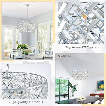 CATINER Chrome Crystal Chandelier, 8-Light Drum Semi Flush Mount & Pendant Ceiling Light, 24'' Modern Round Fixture for Living Room, Dining Room, Kitchen, Foyer, Bedroom