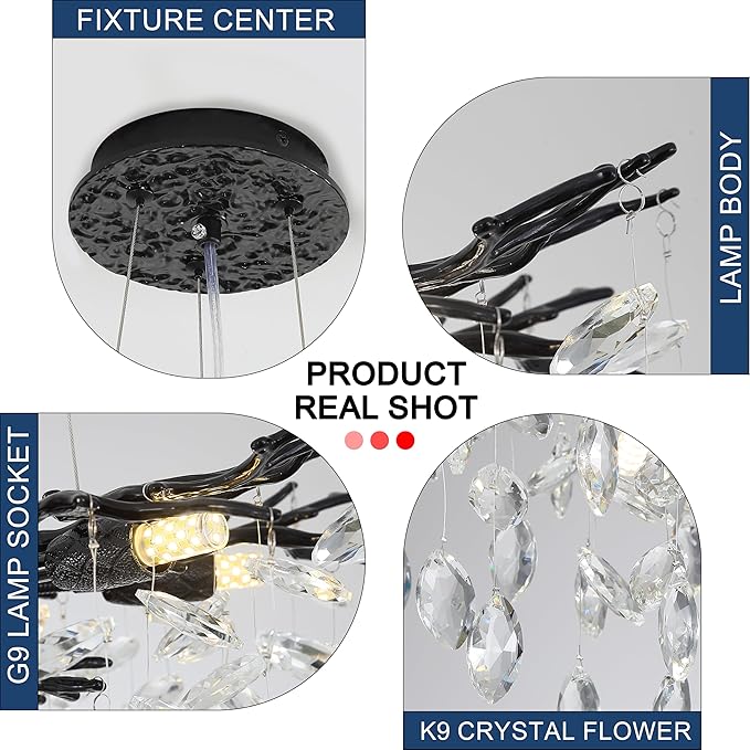 Modern Crystal Tree Branches Chandelier, 18in Black 6 Lights Large Ceiling Hanging Light for Dining Room, Round Raindrop Pendant Light Fixture