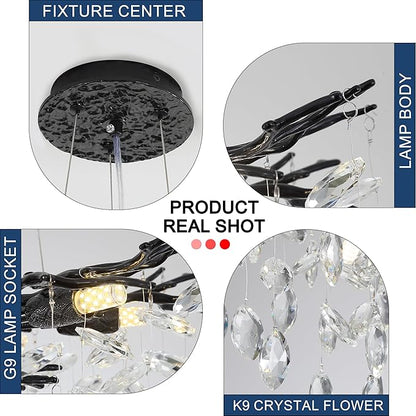 Modern Crystal Tree Branches Chandelier, 18in Black 6 Lights Large Ceiling Hanging Light for Dining Room, Round Raindrop Pendant Light Fixture
