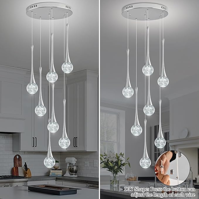 Modern Chrome Crystal Chandelier for Kitchen Island 7-Lights, Luxury Spiral Dimmable LED Bubble Raindrop Pendant Lighting Fixture for Dining Room Foyer Entryway Bedroom