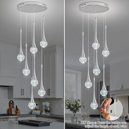 Modern Chrome Crystal Chandelier for Kitchen Island 7-Lights, Luxury Spiral Dimmable LED Bubble Raindrop Pendant Lighting Fixture for Dining Room Foyer Entryway Bedroom