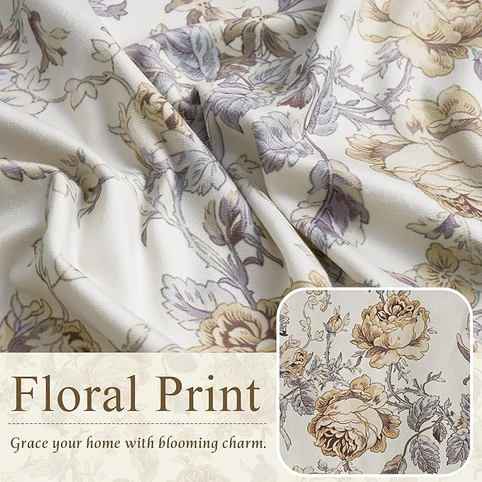 StangH Light Beige Floral Vintage Curtains 96 inches, Botanical Pattern Printed On Velvet Curtains Privacy Thermal Insulated Window Drapes for Cafe Living Room, W52 x L96, 2 Panels