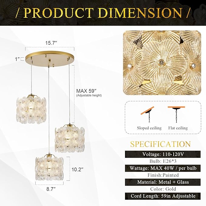 Gold Flower Glass Chandelier 3-Lights Cluster Pendant Lighting Modern Ceiling Pendant Light Fixture for Dinning Room Bedroom Kitchen Island Hallway Entryway