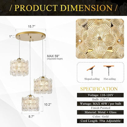 Gold Flower Glass Chandelier 3-Lights Cluster Pendant Lighting Modern Ceiling Pendant Light Fixture for Dinning Room Bedroom Kitchen Island Hallway Entryway