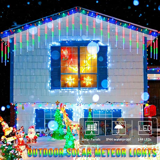 JMEXSUSS Solar Meteor Shower Rain Lights, 8 Tube 144 LEDs Multicolor Solar Christmas Lights, Led Falling Rain Christmas Light for Xmas Tree Wedding Holiday Party Patio Decoration