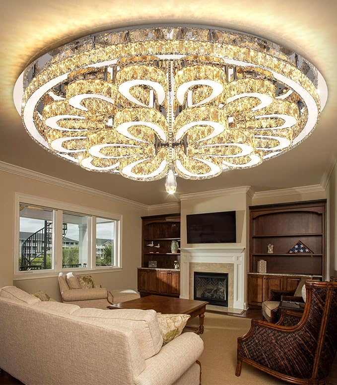 40'' Modern Chandeliers for Living Room Crystal Large Chandelier Ceiling Light Fixture LED Dimmable with Remote Pendant Lighting Flush Mount Lighting for Dining Room Bedroom Silver