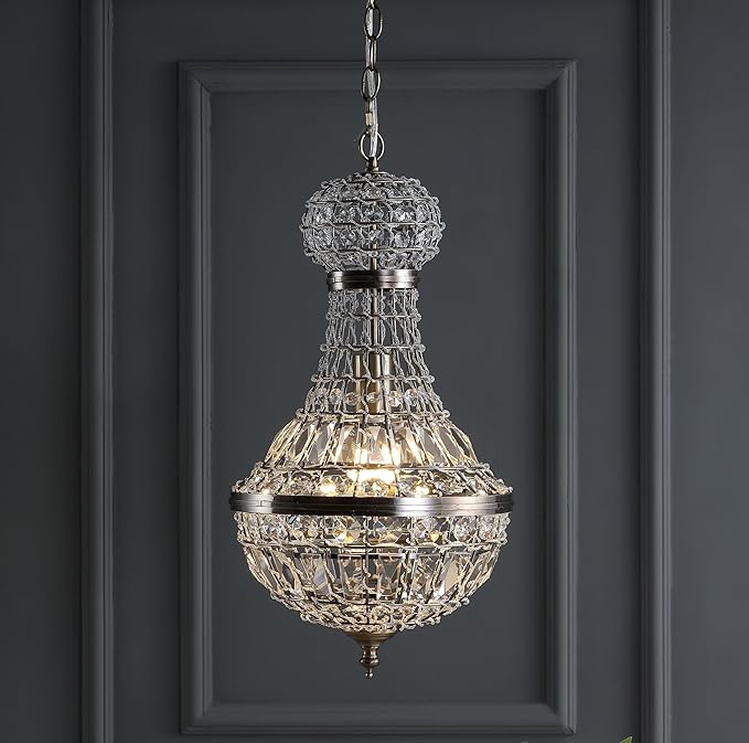 JONATHAN Y 12" Antique Brass/Clear Regina Empire LED Pendant Light, Glam Adjustable Hanging Chandelier for Dining Room Kitchen Foyer, Clear Crystal Shade, LED Bulb Included (JYL6109A)