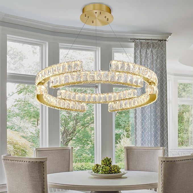 16in Modern Gold Ring Chandelier for Living Room Dinning Room immable Led Crystal Pendant Light Dimmable 3000k-6000k