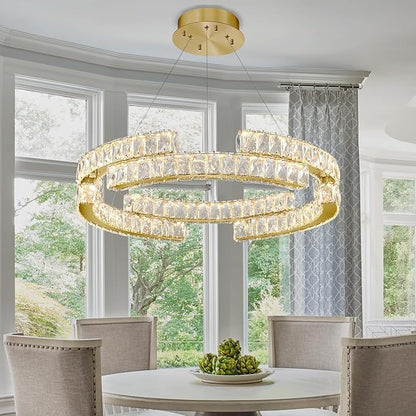 16in Modern Gold Ring Chandelier for Living Room Dinning Room immable Led Crystal Pendant Light Dimmable 3000k-6000k
