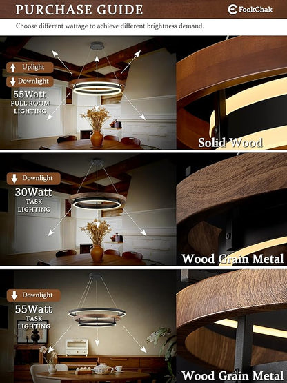 Modern LED Chandelier Black Wood Dimmable 3-Ring Foyer Entry Chandeliers Light 24in Dining Room Chandelier Light Fixture for Kitchen Home Office Living Room