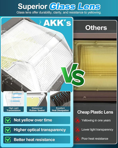 AKK LED Wall Pack Light 150W/120W/100W & 3000K/4000K/5000K Selectable, Glass Lens, Dusk to Dawn Photocell & Timed Dimming, 18000LM, IP65 Waterproof for Garage, Warehouse and Exterior Building Security