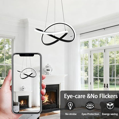 MAYNA Modern LED Pendant Light with Remote Control, 3-Color Dimmable Contemporary LED Chandelier with Irregular Ring Lights, Modern Chandeliers for Dining Room Kitchen, Black 25.6 inch