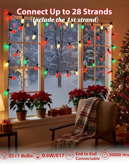 Red Green White LED Christmas Lights,25FT Waterproof C9 Multicolor Christmas Lights Outdoor with 26 Shatterproof Bulbs,Commercial Hanging Xmas Light for Roof Patio Balcony Party Xmas Decor