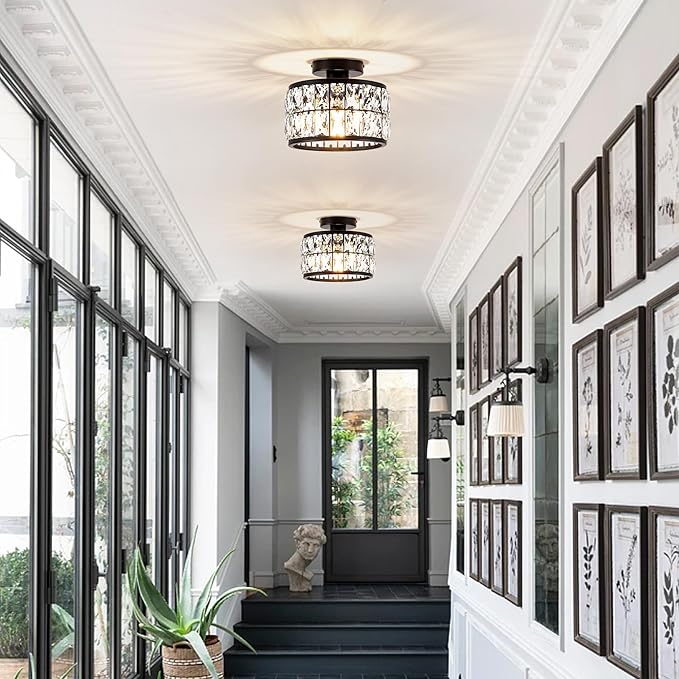 Rpzloila Crystal Ceiling Light Fixture, Modern Semi Flush Mount Ceiling Light,Crystal Chandelier for Kitchen Bedroom Bathroom Entryway, Black Finish