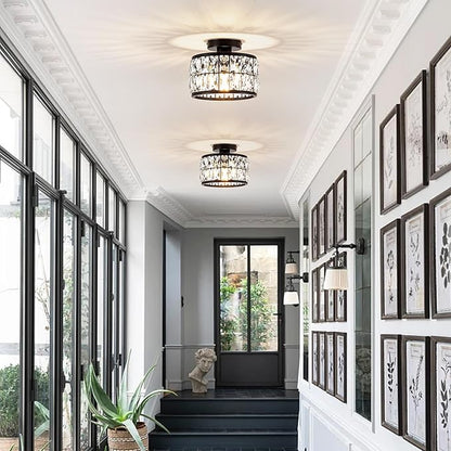 Rpzloila Crystal Ceiling Light Fixture, Modern Semi Flush Mount Ceiling Light,Crystal Chandelier for Kitchen Bedroom Bathroom Entryway, Black Finish