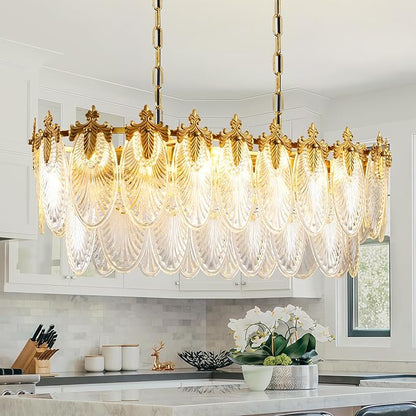 KELUOLY Rectangular Crystal Glass Dining Room Chandelier, 8 Light Gold Chandeliers Lighting Fixture, L33.5'' Height Adjustable Oval Ceiling Pendant Light for Office Coffee Over Table Kitchen Island
