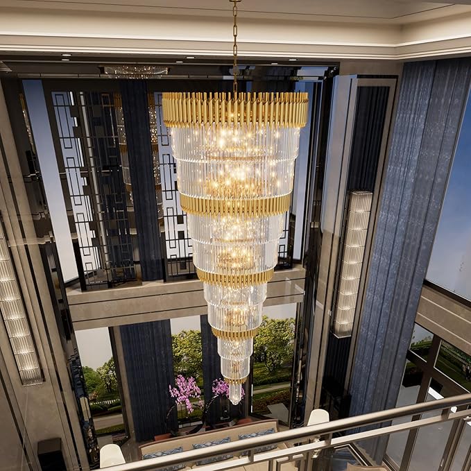 Extra Large 9-Tier Gold Crystal Chandelier Long Stair Chandeliers Luxury Empire Crystal Chandelier Lighting for High Ceiling Entryway Foyer Grand Hotel Lobby 31-Light H84 x W40