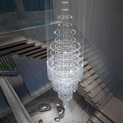 D32''X H100'' Large Crystal Chandelier Lighting, Modern LED Round Raindrop Flush Mount Ceiling Light Fixture for Hotel Staircase Hallway Modern Crystal Chandelier Suitable for Sloping Ceiling