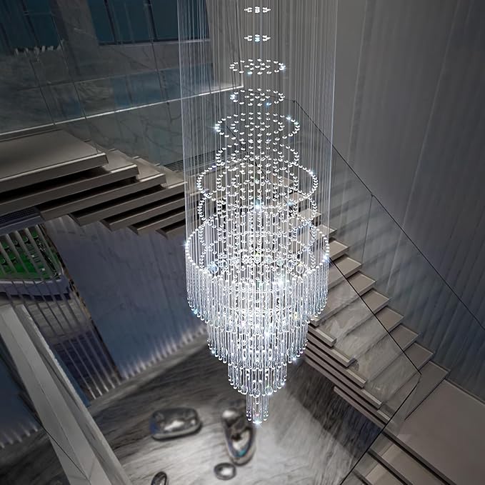 Flashing God D32''X H110'' Large Crystal Chandeliers for High Ceiling Modern Gold Raindrop Chandelier Stairway Chandelier Crystal Flush Mount Ceiling Light for Living Room Staircaes Foyer