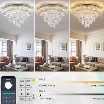 18" Gold Crystal LED Ceiling Light with Remote Control,Flush Mount Chandelier with 3-Color Dimmable for Living Room Bedroom Dining Room Hallway - Modern Flower Design