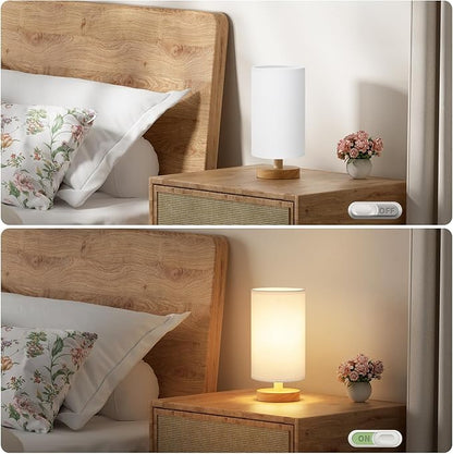 Fenmzee Small Table Lamp for Bedroom - Inline Control, Bedside Lamp with 3000K A15 LED Blub, Easy Assembly (White Shade - Wood Base, 9" Inline Control)