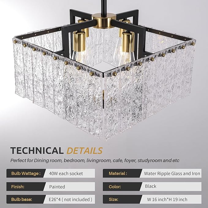 Modern Crystal Chandelier,16" Black Chandeliers for Dining Room, Adjustable Height,Water Ripple Glass,Hanging Pendant Light Fixture for Kitchen Island Entryway Foyer Hallway Living Room