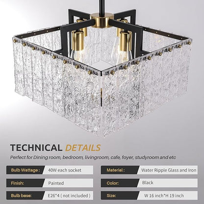 Modern Crystal Chandelier,16" Black Chandeliers for Dining Room, Adjustable Height,Water Ripple Glass,Hanging Pendant Light Fixture for Kitchen Island Entryway Foyer Hallway Living Room