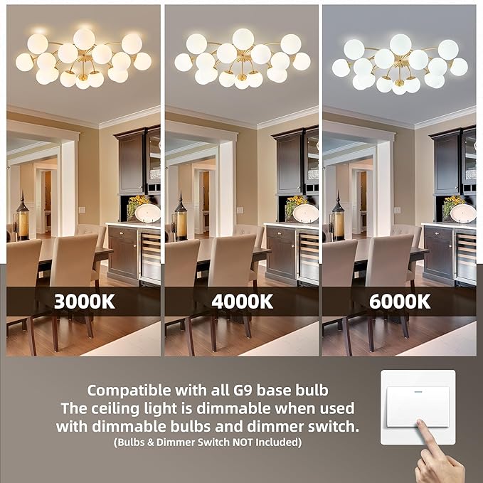 Longree 16-Light Mid Century Modern Sputnik Chandelier Brushed Gold Flush Mount Ceiling Lights with Blossom Accent Milk Glass Globe Bubble Light Fixture for Dining Living Bedroom