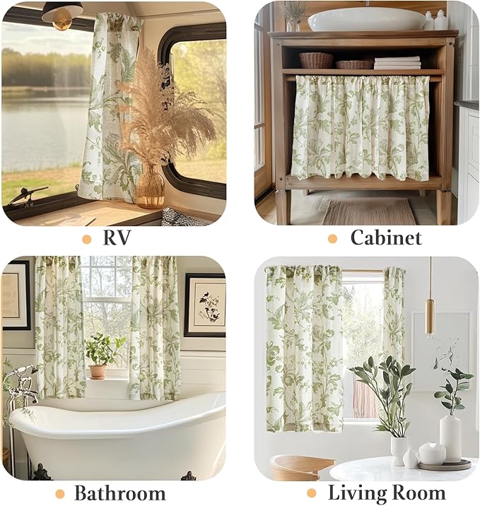 jinchan Linen Kitchen Curtains 36 Inch Vintage Floral Tier Curtains Farmhouse Cottage Cafe Rod Pocket Country Small Window for Laundry Room Bathroom RV 2 Panels Green on Beige