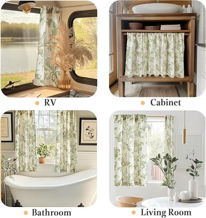 jinchan Linen Kitchen Curtains 24 Inch Vintage Floral Tier Curtains Farmhouse Cottage Cafe Rod Pocket Country Small Window for Laundry Room Bathroom RV 2 Panels Green on Beige