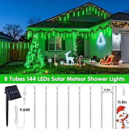 JMEXSUSS Green Solar Lights Outdoor for St. Patrick's Day Decorations, 8 Tube 144 LEDs Solar Meteor Shower Rain Lights, Green Christmas Light for Tree Eaves Yard Fence Porch Decor