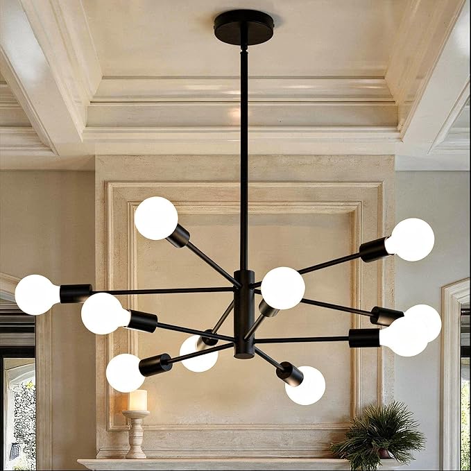 Sputnik Chandelier 10-Light, Mid Century Modern Height Adjustable Ceiling Light Fixture for Dining Room, Kitchen Island, Living Room,Bedroom-Black