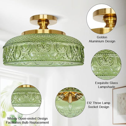 Lamomo Semi Flush Mount Ceiling Light, Upgraded Larger 12 Inch Green Hallway Light Fixture, 3 Light Globe Glass Close to Ceiling Scone, Indoor Hanging Light for Bedroom Kitchen Porch Hallway