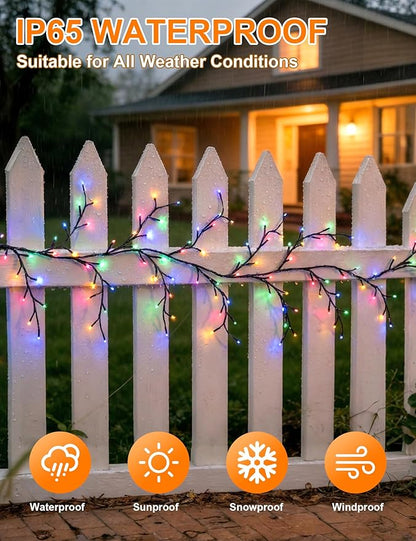 Solar Willow Vine Lights Outdoor, 7.8FT 144LEDs RGB Enchanted Willow Vine Lights with Remote, Waterproof Garden Decor for Wall Window Porch Patio Party Decor