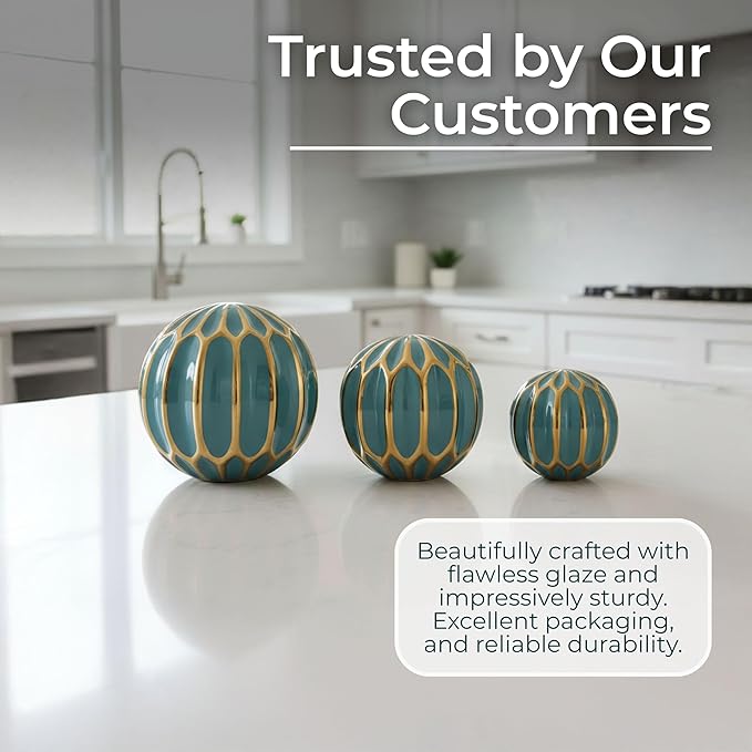 Sagebrook Home Set of 3 Blue Decorative Orbs – Stoneware & Ceramic Spheres for Home & Office Decor – Elegant Accent Pieces for Living Room, Bedroom, Coffee Table & Shelves