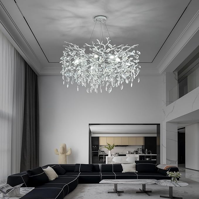 Modern Crystal Tree Branch Chandelier, D23.7'' Round Silver Raindrop Indoor Hanging Ceiling Lighting Fixture for Dining Room Living Room Bedroom Foyer 8 Lights