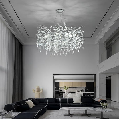 Modern Crystal Tree Branch Chandelier, D23.7'' Round Silver Raindrop Indoor Hanging Ceiling Lighting Fixture for Dining Room Living Room Bedroom Foyer 8 Lights