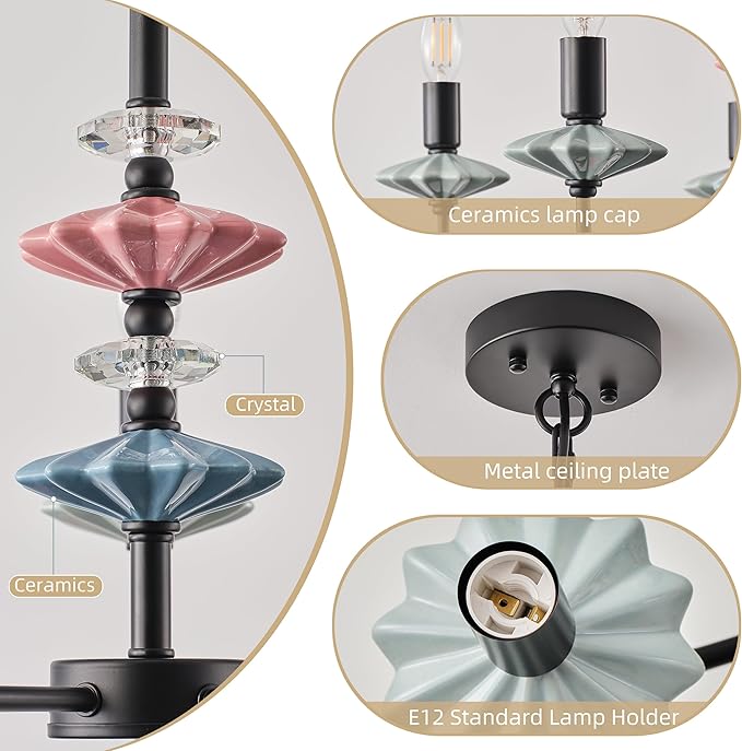 Black Chandeliers for Dining Room Light Fixture Over Table,5-Light Art Deco Chandelier, Modern Retro Candle Chandelier with Ceramic,Farmhouse Chandelier for Girls Bedroom，Living Room，Foyer