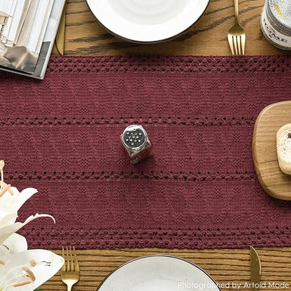 Artoid Mode Red Farmhouse Woven Rustic Hollow Table Runner, Seasonal Holiday Hollow Kitchen Dining Table Decoration for Home Party Decor 12x90 Inch