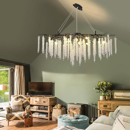 Tree Branch Chandelier L39.5 Inch Black Luxury Rectangular Crystal Raindrop Pendant Light 12 Lights Kitchen Island Hanging Light Fixture for Living Room Dining Room Foyer Entryway