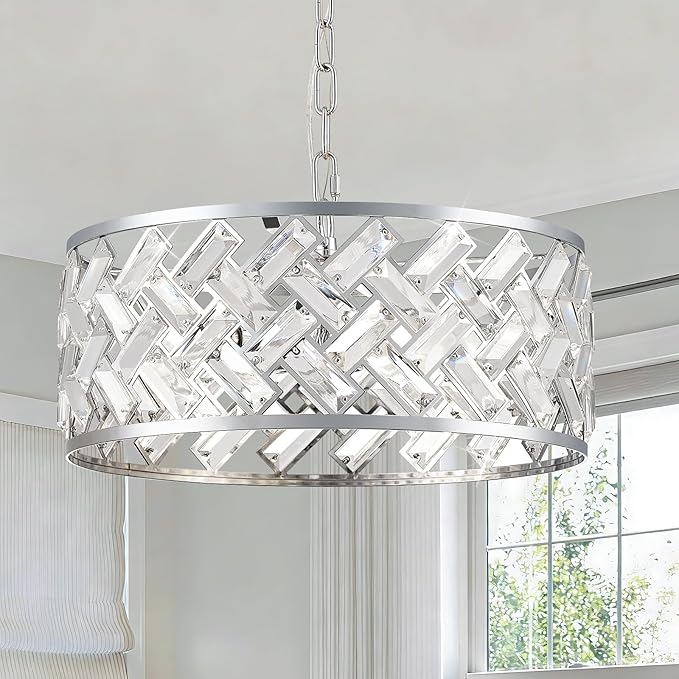 Chrome Crystal Chandelier, 4-Light Morden Dining Room Light Fixture,15.16" Round Semi Flush Mount Chandeliers for Kitchen Foryer Entryway Hallway Living Room Bedroom (ETL Listed)
